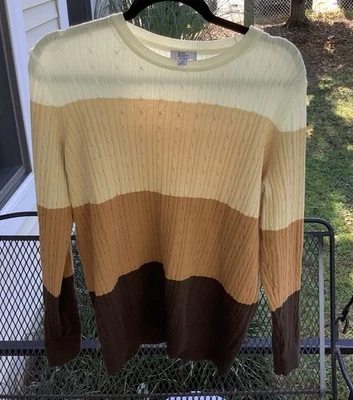 Kim Rogers Woman’s Brown Tone Color Block 100% Cotton Cable Knit Sweater - Image 1 of 4