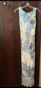 VTG Eva Blue Beaded Maxi Slip Dress Blue Ivory Floral Stretch Size 4/6 - Picture 1 of 11