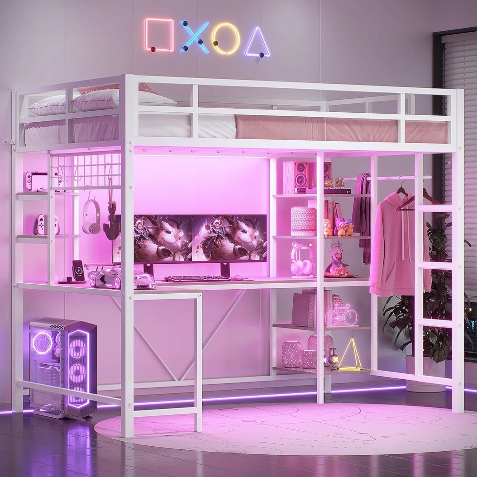 Loft Bed with Desk &Charging Station LED Metal Twin Size Bed with Storage Shelve - Image 1 of 1