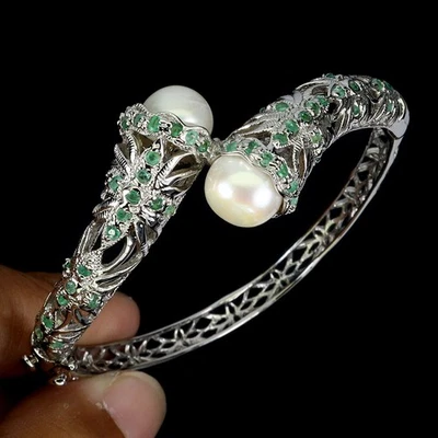 Brazalete de plata de ley 925 redondo perla esmeralda piedras preciosas naturales joyería 2,4 pulgadas Foto 1 de 4