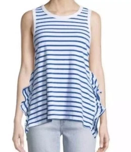 $120 Current Elliott Tank Top Side Slit Ruffle Striped Blu/Wht Size 0 *Flaw - Picture 1 of 12