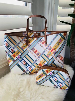 NWT Tory Burch Kerrington Ribbon Weave Bias All Over Square Tote + Pouch Bundle - Image 1 of 4