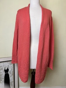 Chicos Cardigan Size 3 Open Knit Long Sleeve Mandarin Gold Crotchet Hem Cottage - Picture 1 of 8