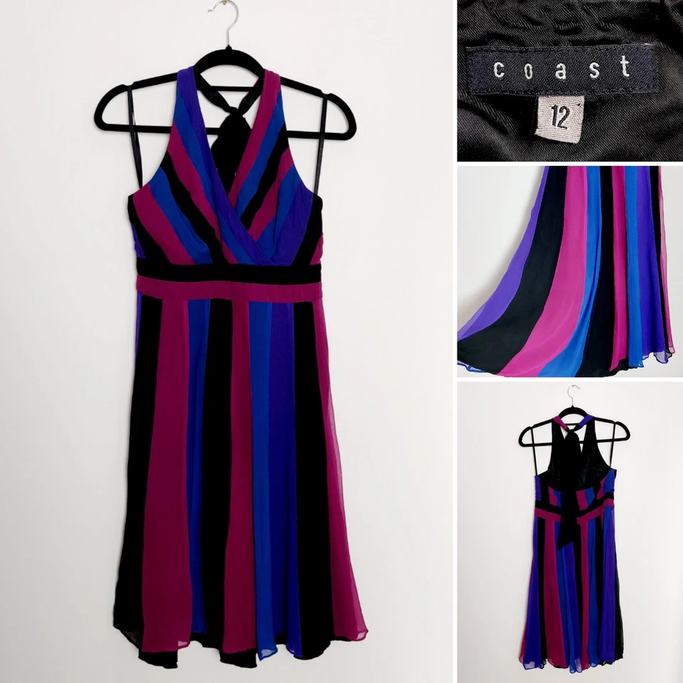 Coast Black Pink Purple Blue Striped Silk Knee-length Halterneck Dress Size 12 - Image 1 of 4