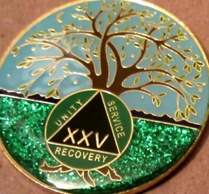 Tree - Blue green SPARKLE Alcoholics Anonymous 25 year AA Medallion Coin Token - Picture 1 of 9