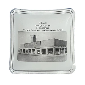 Vtg Chevrolet Dealer Advertising Chevy Glass Ashtray Bakersfield CA Trinket Tray - Picture 1 of 3