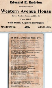 1915-30s Edward Endries Tavern Business Card 21st Western Ave House Manitowoc WI - Picture 1 of 3