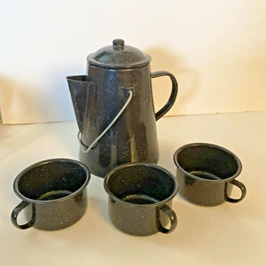 Graniteware Coffee Pot & 3 Cups / Mugs - Picture 1 of 8