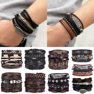 Men's Handmade Leather Braided Surfer Wristband Punk Bracelets Bangle Wrap 2024 - Picture 1 of 17