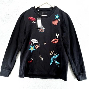 Guess Sweatshirt Women S Pull-Over Emboidery Sequin Rhinestone Black $98 NWT - Picture 1 of 24