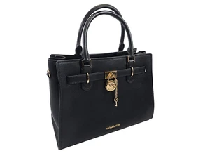 MW Michael Kors Hamilton Medium Leather Satchel Black & Gold Tote Purse Bag NEW - Picture 1 of 14