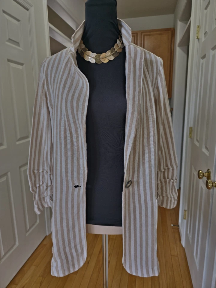 H Halston LINEN blend  jacket blazer beige stripe preppy for Travel Office SMALL - Image 1 of 4