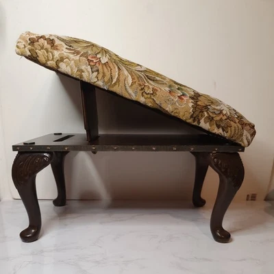 READ- Wooden Footstool With Floral Tapestry Top Cushion Queen Anne Leg 2 Incline - Image 1 of 4