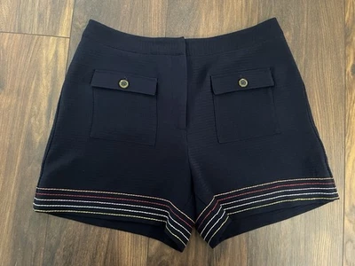 Ted Baker Sapphia Stitch Detail Textured High Rise Shorts Navy Blue Women UK 12 - Image 1 of 4