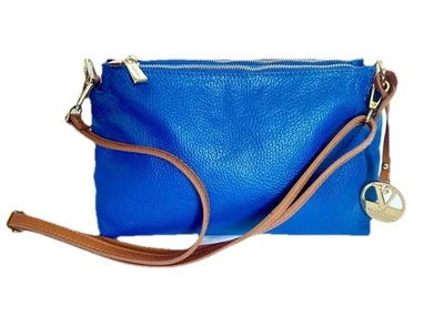Valentina leather crossbody royal blue with a tan strap - Image 1 of 4