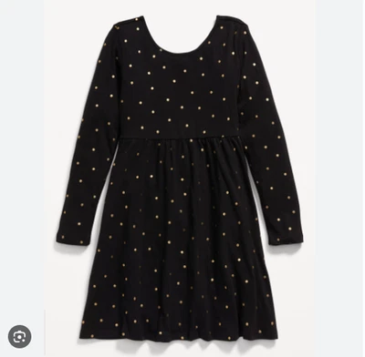 Old Navy Girls XL Polka Dot Fit & Flare Skater Dress Black Gold Long Sleeve - Image 1 of 4