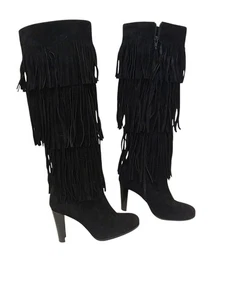 Stuart Weitzman Fringie schwarz Wildleder Fransen Stiefel 7,5 M Overknee Western NEU - Bild 1 von 22