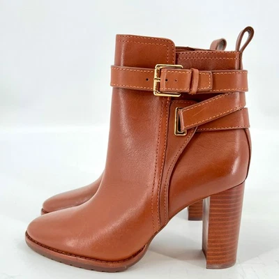 Botín Lauren Ralph Lauren Madisyn Talla 7B Polo Cuero Tostado Hebilla Correa al Tobillo Foto 1 de 4