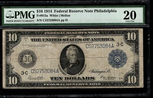 1914 $10 Federal Reserve Note Philadelphia Fr. 915a White/Mellon PMG 20 (IE) - Picture 1 of 3