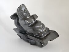 Inuit stone carving sculpture hunter on ice float with two seals signed