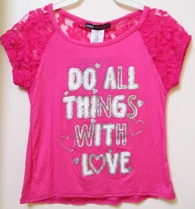 Girls Miss Majesty Pink Lace Do All Things With Love Lace Shirt Sz 4 - Picture 1 of 3