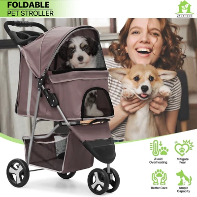 Brown Foldable Dog Stroller Pet Carrier Cart w/Adjustable Canopy+Storage Basket - Image 1 of 4
