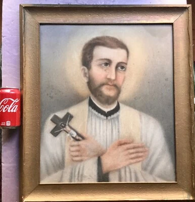 Cuadro antiguo retrato de sacerdote de iglesia antigua. Foto 1 de 4