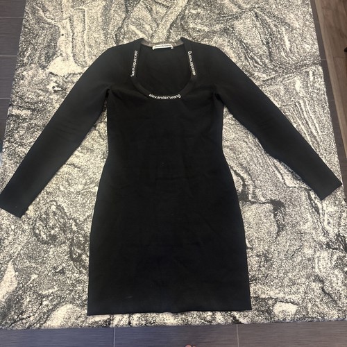 ALEXANDER WANG DONNA Bodycon Mini Abito Manica Lunga Finitura Logo Scoop M Nero