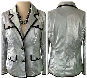 ON SALE 10 12 14 SILVER BLACK PVC 60S MOD JACKET RETRO COAT GOTH CYBER STEAMPUNK - Picture 1 of 5