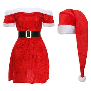 LADIES SANTA DRESS + LONG SANTA HAT CHRISTMAS MRS CLAUS COSTUME SEXY FANCY DRESS - Picture 1 of 6