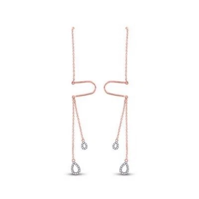 10K ROSE GOLD ROUND DIAMOND DOUBLE TEARDROP DANGLE THREADER EARRINGS 1/8 CTTW - Image 1 of 2
