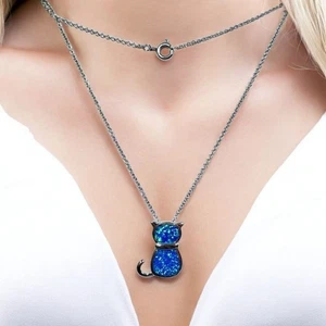 Sterling Silver 925 Rhodium Plated Lab Blue Inlay Opal Sitting Cat 18" Necklace - Picture 1 of 7