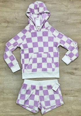 Conjunto corto con capucha PJ Salvage L/12-14 niñas púrpura blanco a cuadros polar nuevo con etiquetas Foto 1 de 4