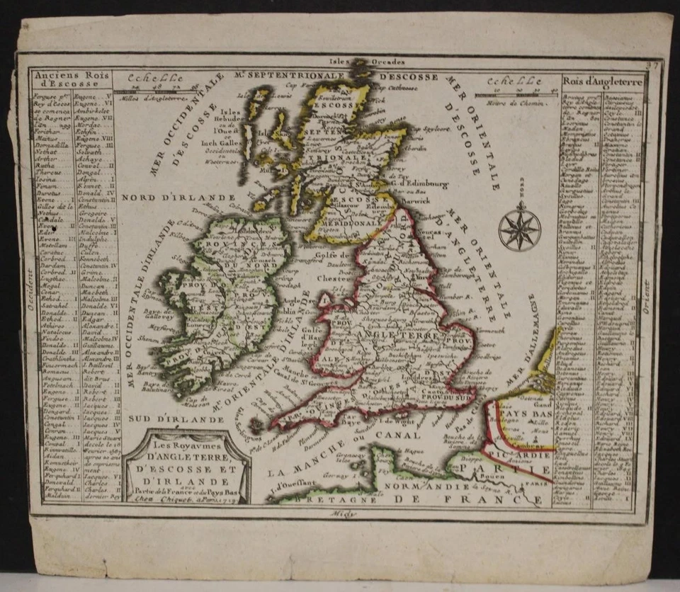UNITED KINGDOM IRELAND 1719 JACQUES CHIQUET UNUSUAL ANTIQUE COPPER ENGRAVED MAP - Image 1 of 1