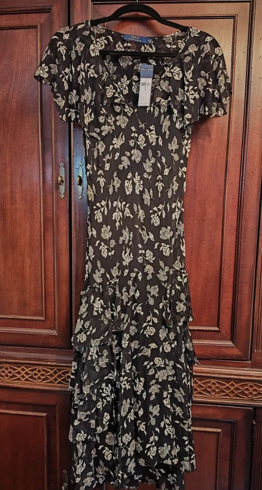 Maxi Vestido Ralph Lauren Seda Talla 2 Negro Volantes en Niveles NUEVO con ETIQUETAS PRECIO DE VENTA SUGERIDO POR EL FABRICANTE $598 Foto 1 de 4