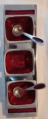 ALUMINIUM  RED ENAMEL TRAY & THREE BOWL CONDIMENT SERVER SET + TWO SPOONS - Image 1 of 4
