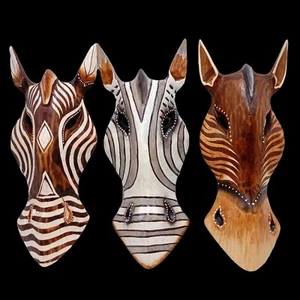 Máscara de madera de animales de 3 cabezas para caballos percha tallada a mano mixta juego de 10 pulgadas 07 decoración de pared - Imagen 1 de 13