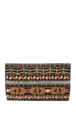 Alice + Olivia, Beaded Embroidered Leather Foldover Clutch, coral-moss, *NEW* - Image 1 of 3