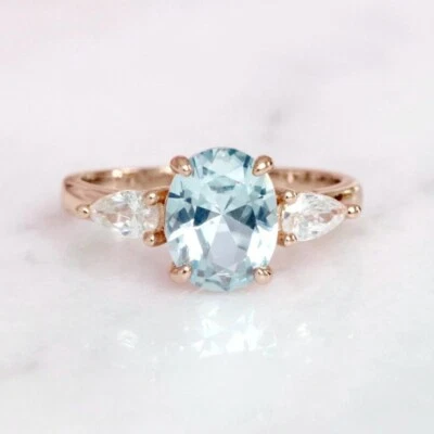 Aqua Blue Oval And White Pear Cut Lab Grown Diamond Women 10K Rose Gold Ring - Image 1 of 4