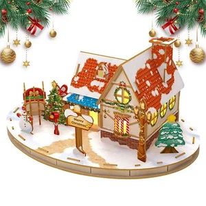3D Christmas Wooden Puzzle Jigsaw Decor with LED Lights, Snow Cottage Model Kits - Picture 1 of 14