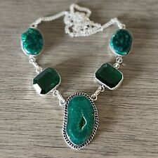 Emerald Green Agate Quartz Necklace Vintage Style Silver Statement Jewelry 0874