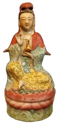 Antigua estatuilla china Rose Famille Guan Yin firmada pintada a mano estatua pesada Foto 1 de 4