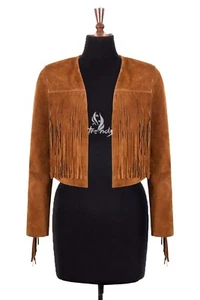 Women’s Fringe Western Short Body Leather Jacket Tan Cow Suede Vintage 90s Style - Picture 1 of 4