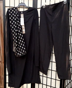 Fiorra Black Poly Crepe Sraight Kurta w/ Pant & 2 Dupatta Set M Black , Gold - Picture 1 of 10