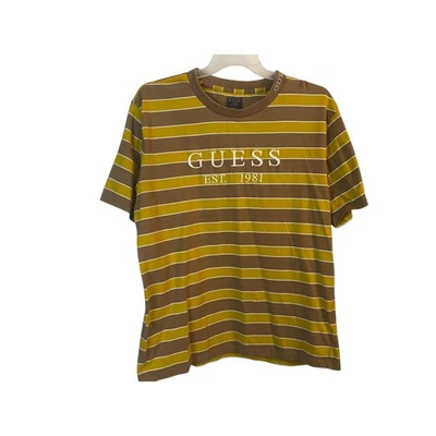 GUESS Striped T-Shirt Mens Large Brown Gold Retro Y2K Steetwear - Image 1 of 4