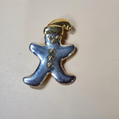 Holiday Gingerbread Man Brooch Pin Christmas Hat Jingle Bell Gift Silver Gold To - Image 1 of 4