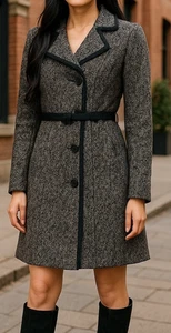 The Limited Women's Black White Tweed Long Coat Fringe Trim Wool Blend Size S - Picture 1 of 14