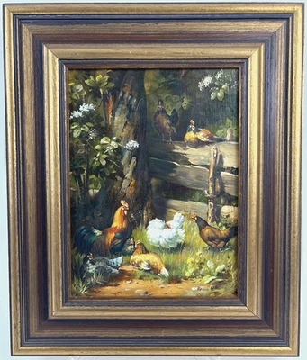 Gemälde Maria Heincz signiert (*1956) Hühnerhof Hahn Henne Bauernhof Landwirtsch - Bild 1 von 4