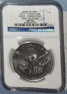 2015 $5 CANADA 1OZ SILVER GREAT HORNED OWL NGC MS70 FIRST RELEASES BIRDS OF PREY - Image 1 of 2
