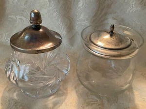 Vintage geätztes Kristall Senfglas mit Sterling Silber Deckel & geschliffenes Glas Senfglas - Bild 1 von 5